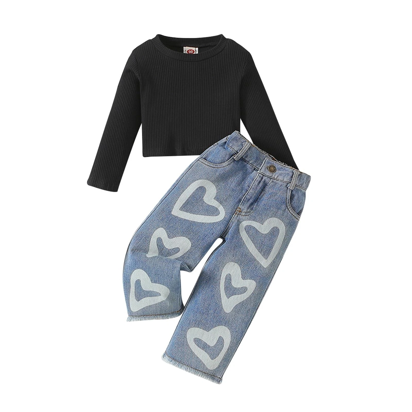 Toddler Girls Clothes 2T 3T 4T 5T Ribbed Baby Kids Girl Denim Outfits Long Sl...