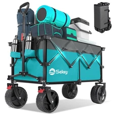 Turquoise Collapsible Wagon: All-terrain wheels, cup holders, multi-use.