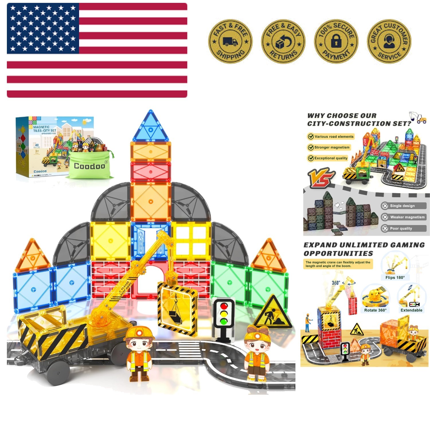 Kids Games Magnetic Tiles Road Set with Extendable Magnetic Crane, City Const...