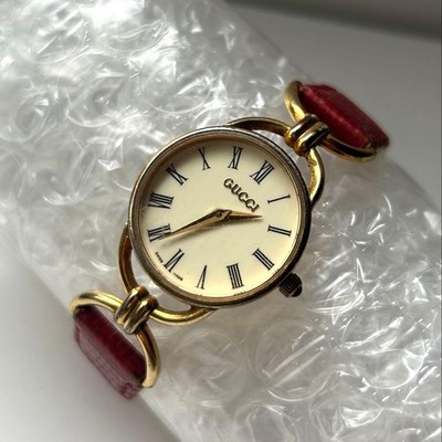 GUCCI 6000.2.L Ladies Quartz Watch White Dial Gold Case Brown