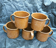 Lot of 5 Vintage Cinsa Enamelware Coffee Mugs Brown Speckled Camping Cups Mexico