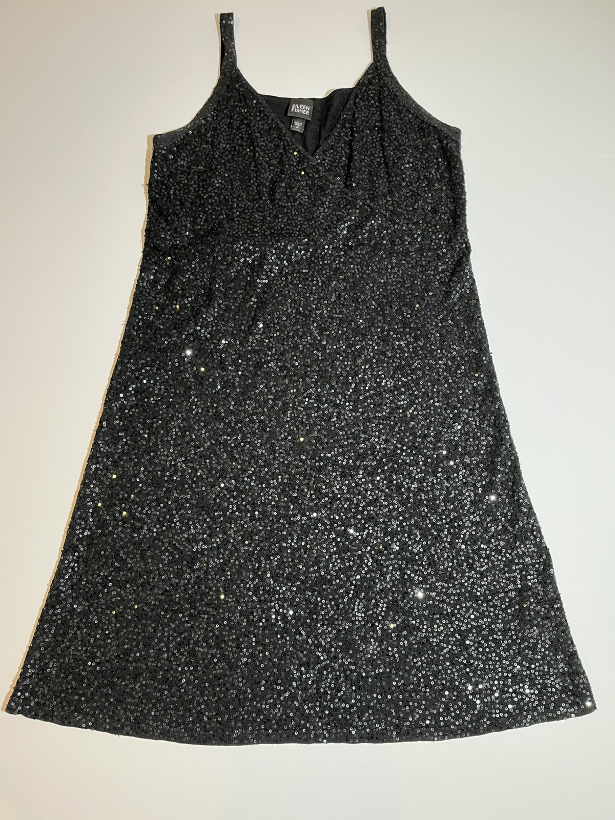 Eileen Fisher Black Sequin Silk Blend Sleeveless Shift Short Dress V Neck Medium