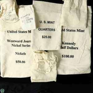 Assortment of 7 Coin Bags - US Mint 50c $100, 25c $25 & 5c $50 with 4 small bags