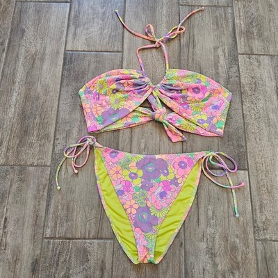 Show Me Your Mumu Tides Bikini Set Size XL Floral Neon Retro Hippie Flower Child