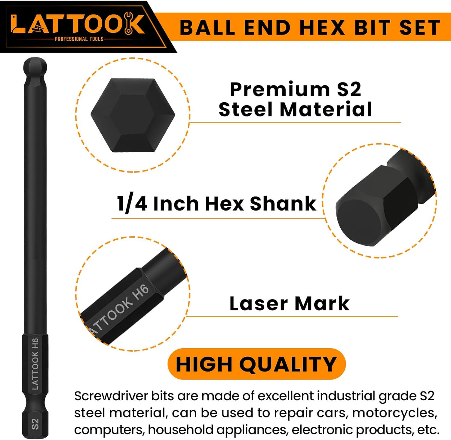 Ball End Hex Head Allen Wrench Drill Bit Set, 12PCS Metric Ball End Hex Bit Set