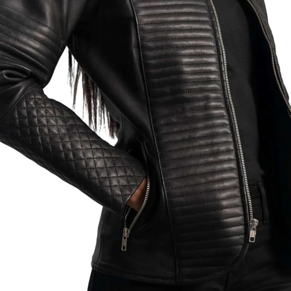 Women's Quilted Leather Jacket, Black, Zip Front with Ribbed Panels, Fitted - Image 2 of 4