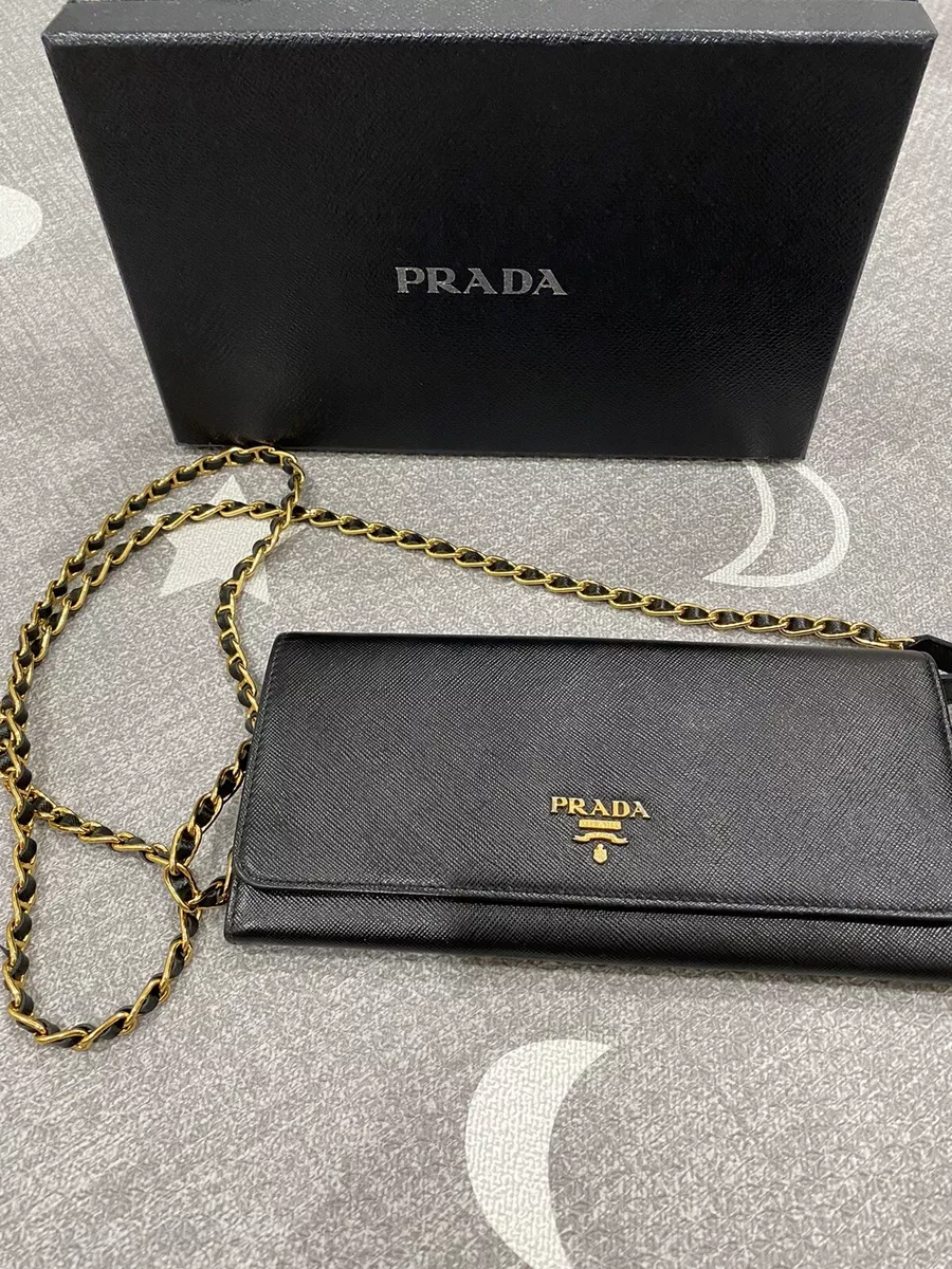 Prada, Bags, Authentic Prada Black Woc Saffiano Chain Wallet