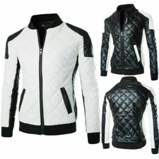 Mens Diamond Quilted Faux Leather Motorcycle Jacket Racer Biker Blazer Coat