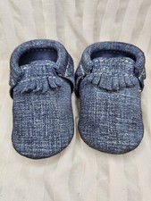 Freshly Picked Baby City Mocassins Size 2 Blue Spruce Denim Fringe Soft Shoe