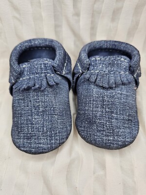 Freshly Picked Baby City Mocassins Size 2 Blue Spruce Denim Fringe Soft Shoe 