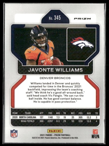 Javonte Williams 2021 Panini Prizm #345 No Huddle Denver Broncos - Bild 2 von 2