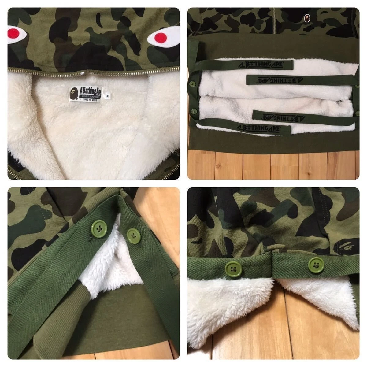 A BATHING APE (BAPE) Felpa con cappuccio uomo A Bathing Ape BAPE mezza zip squalo 1° verde mimetico taglia media