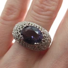 925 Sterling Silver Vintage Checkered Amethyst Gem Filigree Dome Ring Size 8