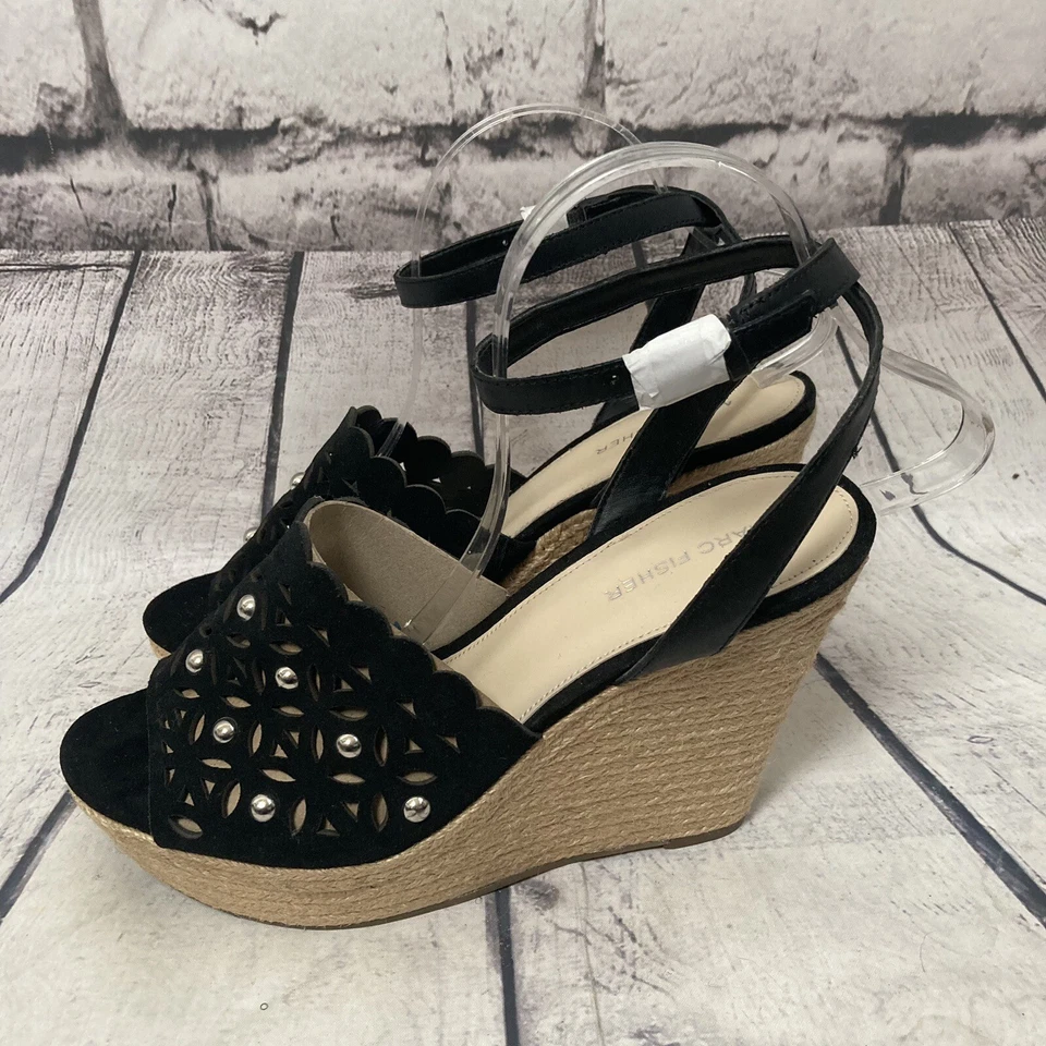 Sandalias Marc Fisher Mujer Talla 10 Negro Hata Cuña Alpargata Tachonada Boho Foto 3 de 4