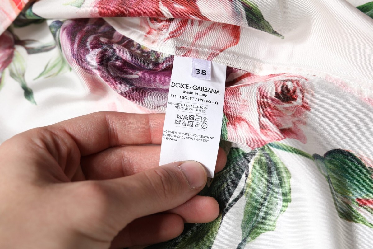 DOLCE & GABBANA Top White Peony Silk Long Sleeves Collared