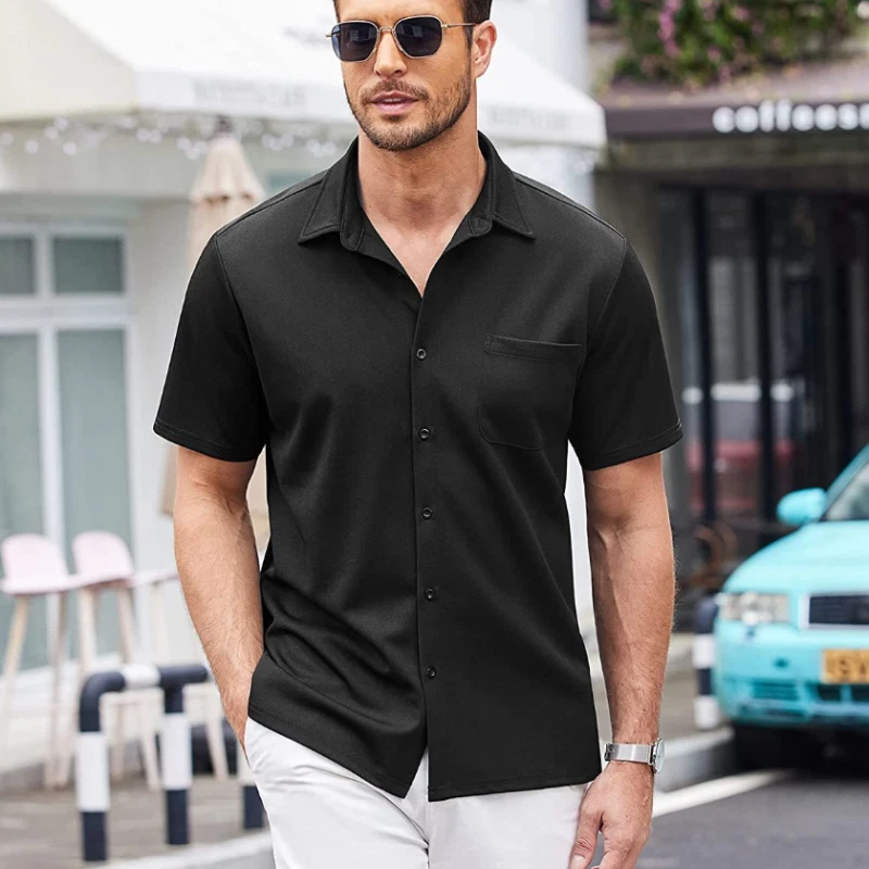 Casual Men's Button-up Shirt Short Sleeve Loose Thin Style Beach Shirt  Lapel Top