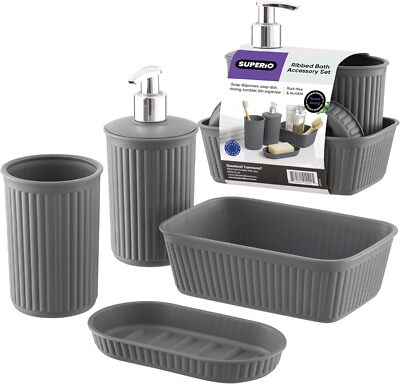 Superio Ribbed Collection - Decorative Plastic Bathroom Accessories Set, Grey 