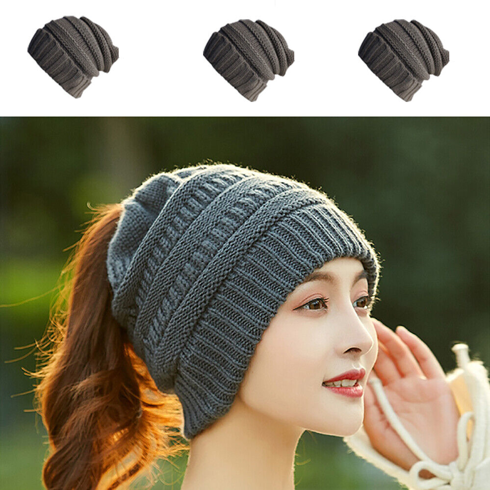Tail Messy Soft Beanie Bun Hat Ponytail Stretchy Knitted Crochet