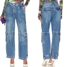 NWT Free People Marx Slouchy Wide-Leg Cargo Jeans in Blue Size 28
