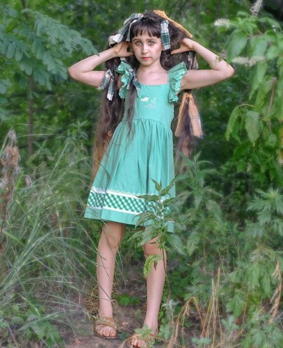 DollCake-sz 7-Green-Checkered-Tie Back-Dress-Sundress-cotton-twirl - Picture 6 of 7