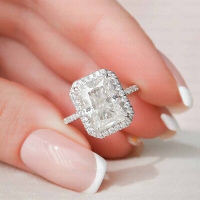 4.89Ct Radiant Cut Moissanite Engagement Wedding Halo Ring 14k White Gold Plated