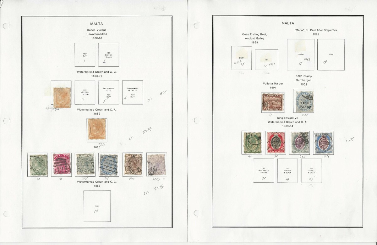 Malta Stamp Collection on 8 Steiner Pages, 1860-1926 Early