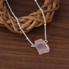 Solid 925 Sterling Silver Tiny Ball Chain Necklace With Raw Rose Quartz Jewelry