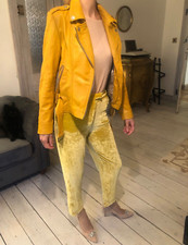Aviatrix Mustard Yellow Soft Genuine Leather Buckle Biker Aviator Jacket M 10