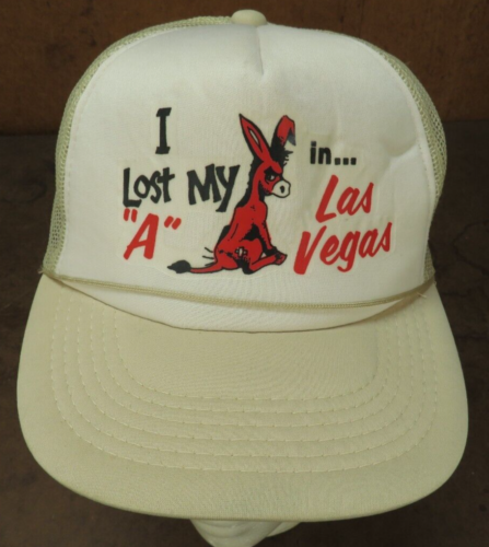 VTG I lost my ass (donkey) in Las Vegas Śmieszny kapelusz z zatrzaskiem czapka trucker - Zdjęcie 1 z 7