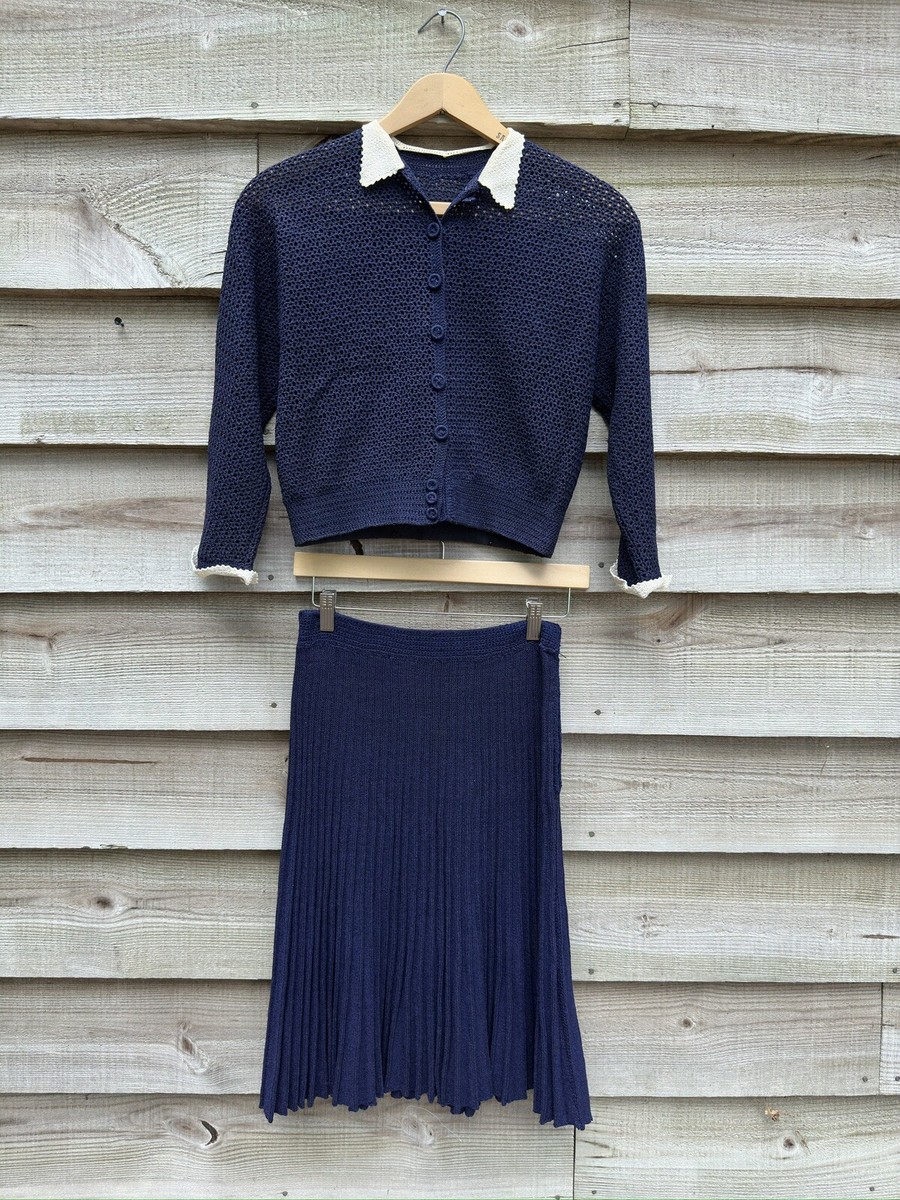 1940s Navy Blue Two Piece Crochet Set Top and Skirt Vintage