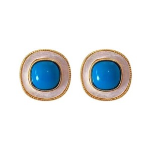 Navajo Turquoise Square 3/4" Shell Halo Stud Earrings Yellow Gold-Plated Silver