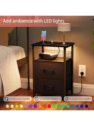 Nightstand Set Of 2 With Charging Station,Night Stand With LED Lights And Drawer - Picture 13 of 14