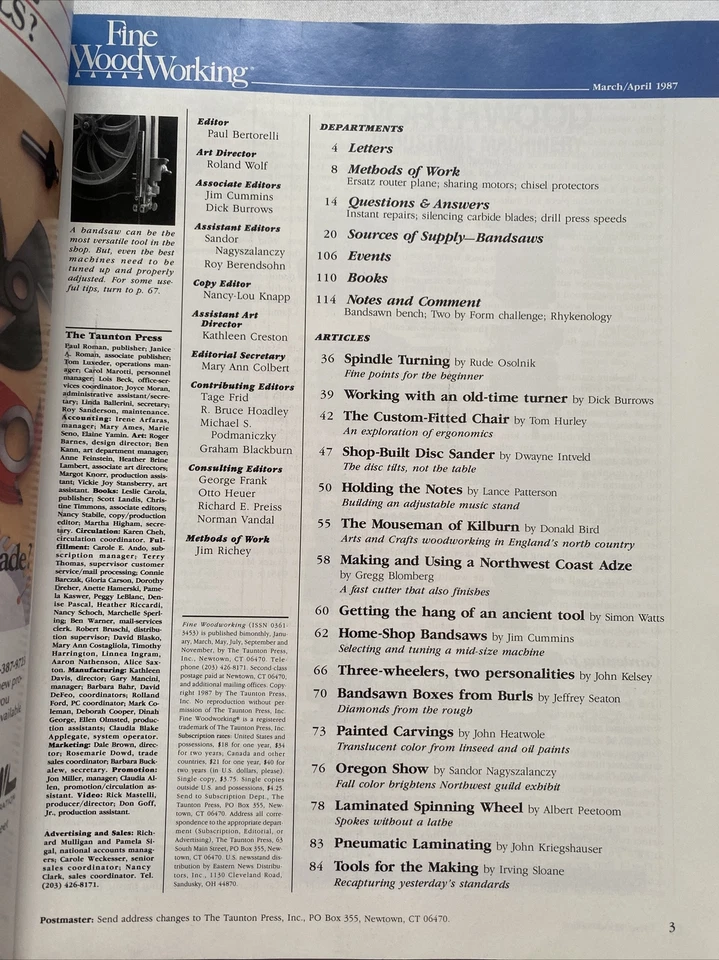 1987 March/April Fine WoodWorking Magazine Selecting A Bandsaw (MH328) Foto 2 de 3