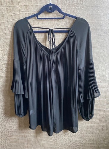 River island blouse swing pleated plisse long sleeve frill chiffon black uk 12 - Picture 12 of 24