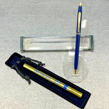 Cross Double Banded Blue & 23K Gold Plated Trim Ballpoint Pen + Refill & Holder