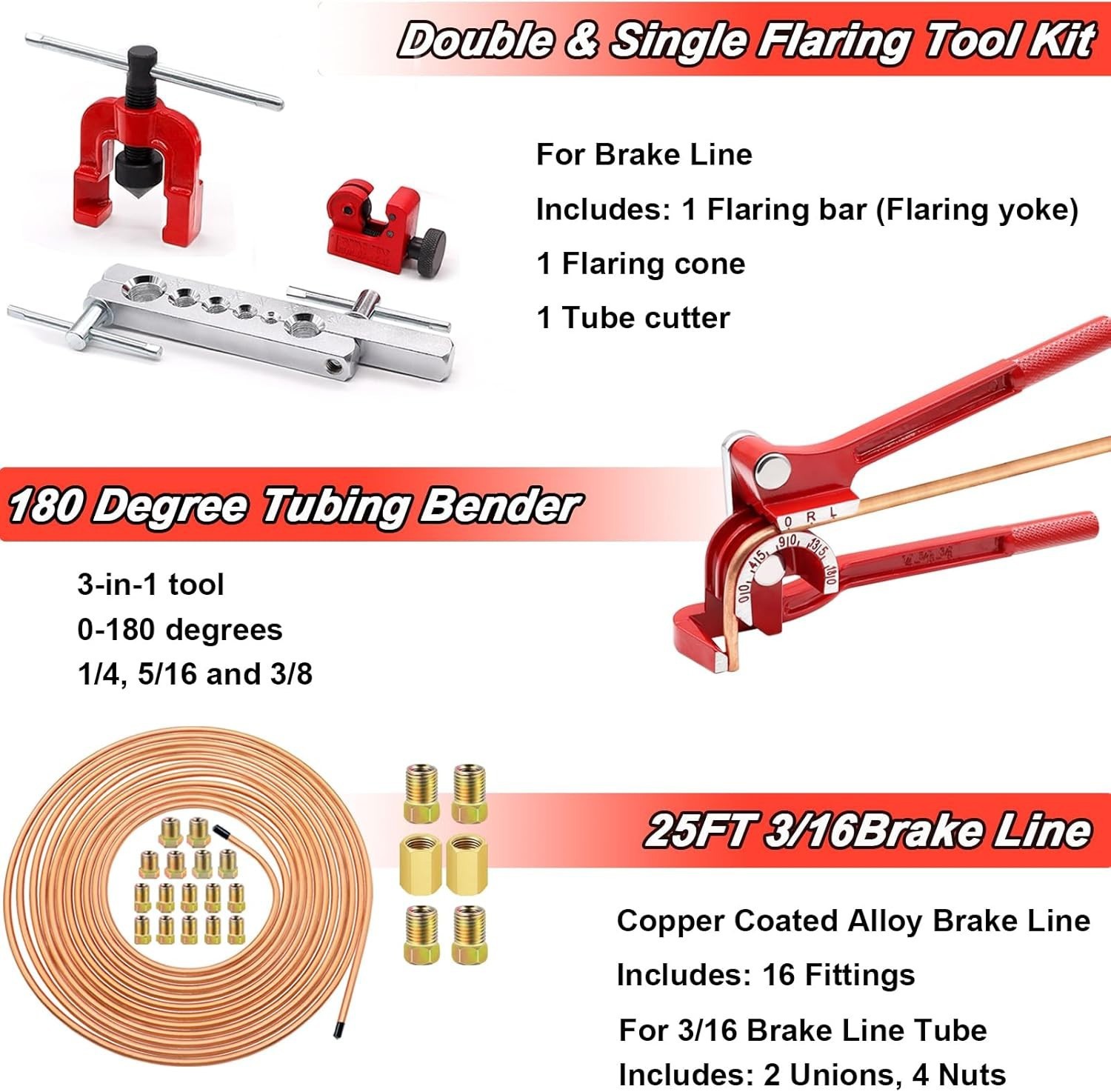 Brake Line Pipe Repair 20 Nuts Fittings Kit 3/16 25ft Copper Pipe Flaring Tools