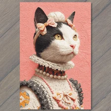 Art Print Elegant Cat Pearls Lace Collar Pink Bow Regal Retro Style Whimsical Fu
