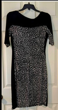 Chaps Sheath Dress M Black/White Polka Dot Ruched Knit Scoop Neck 3/4 Knee