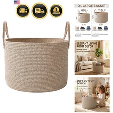 65L Extra Large Blanket Basket for Living Room - Woven Cotton Rope Laundry Ha...