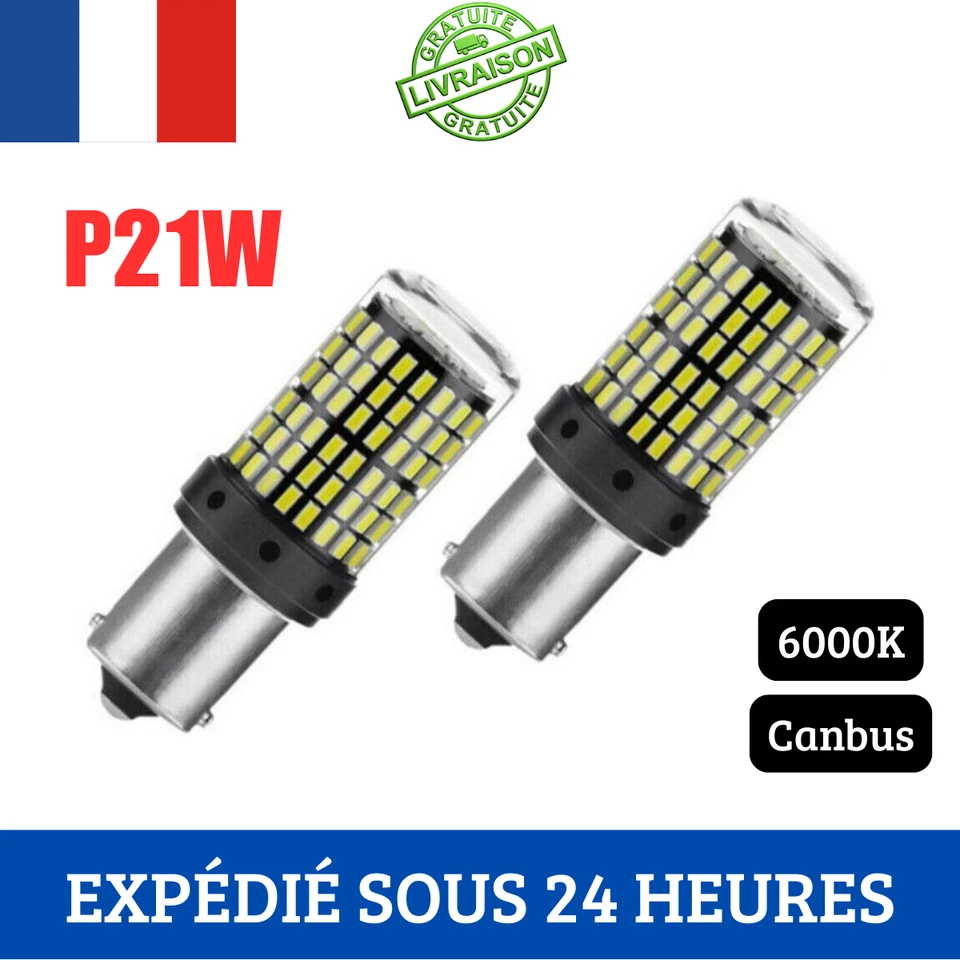 Ampoules LED P21W Canbus BA15S Blanc 6000K Anti Erreur Feux Recul Stop Jour x2 - Photo 1/4