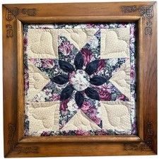 Vintage Large Amish Quilted Square w. Cottage Carved Wood Frame 20" Square
