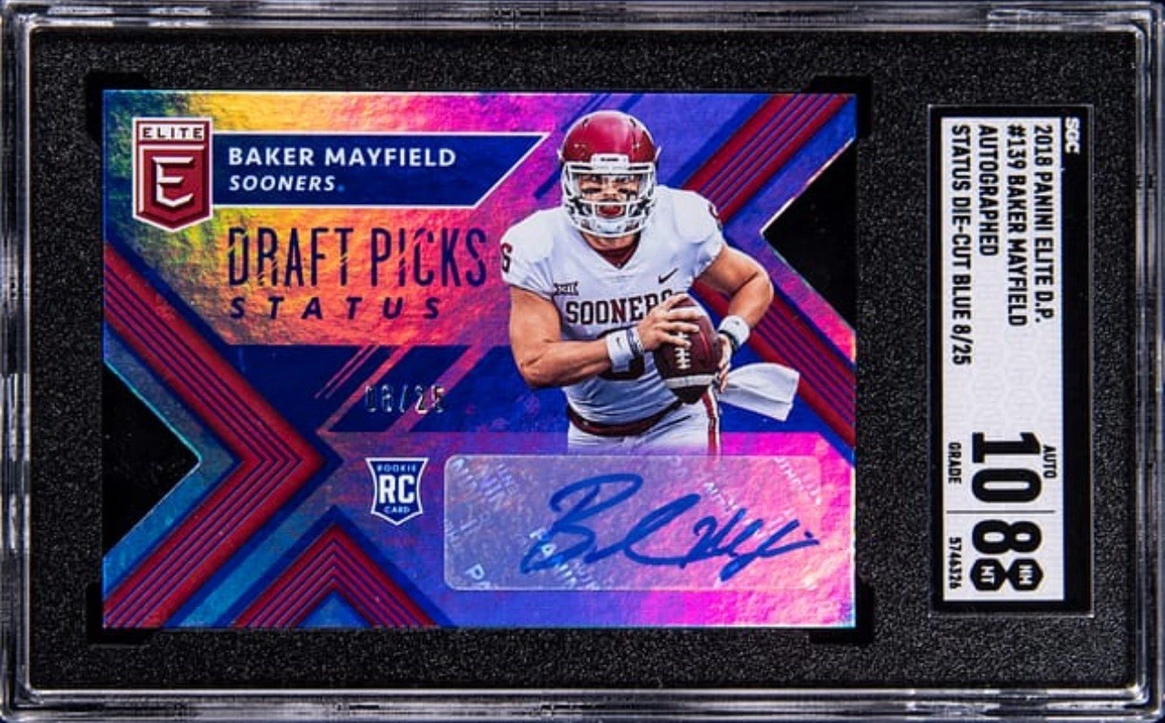 Baker Mayfield Panini Elite Draft Picks Collegiate #139 Autograph Status Blue Die Cut