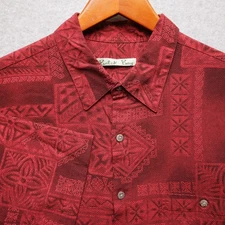 Batik Bay Shirt Mens Large Red Rayon Button Up Hawaiian Aloha Geometric Pattern