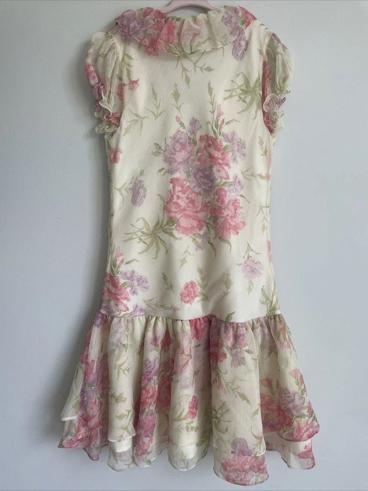 Ralph Lauren Girls Chiffon Floral Tiered Puff Sleeve Dress Size 12 Garden Party - Image 2 of 4