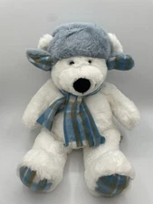 Gentle Treasures White Blue Polar Bear Plush 16" Plaid Winter Snow Hat Scarf