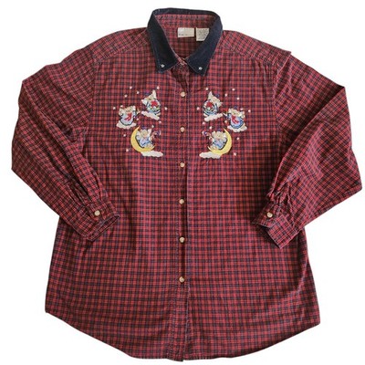 Vtg BOBBIE BROOKS Shirt Womens Size  XL Red Plaid Teddy Bear Angels Christmas 