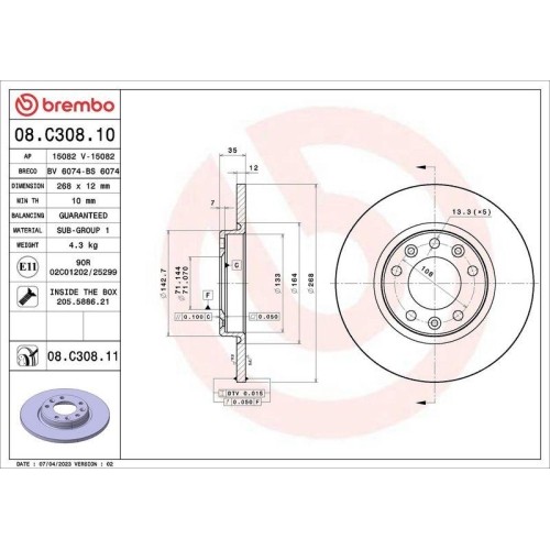 Bremsscheibe Brembo 08.C308.11 Prime Line - Uv Coated FüR CitroëN Fiat Opel DS-image