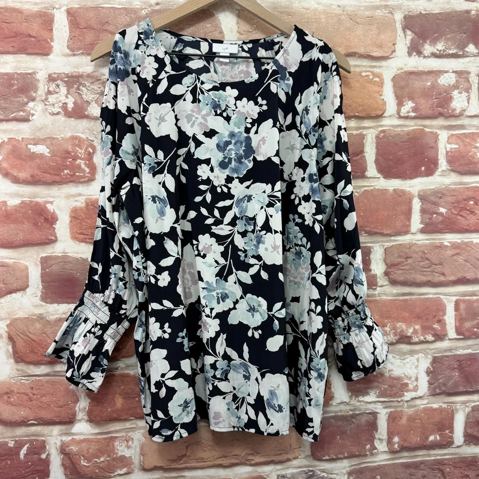 Blusa túnica manga larga estampado floral azul marino grande Jill para mujer Foto 2 de 4