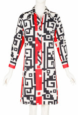 Lanvin 1970s Vintage Red  Black Geometric Print Shirt Dress Sz M