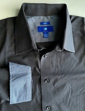 EGARA Non-iron Slim Fit LS button shirt men size L black vert stripes flip cuffs